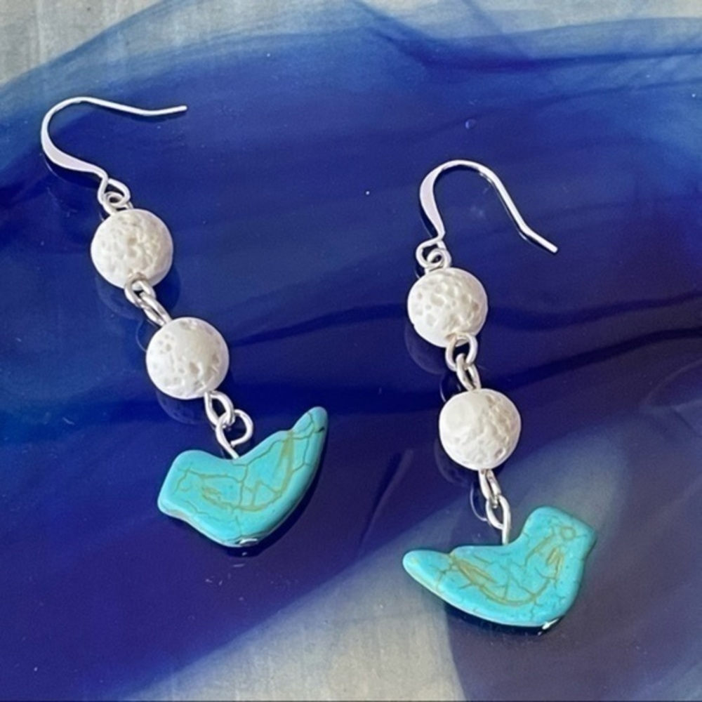 2/$29 Handmade White Lava Stone Pastel Blue Bird Earring 2.25” Coastal Boho
